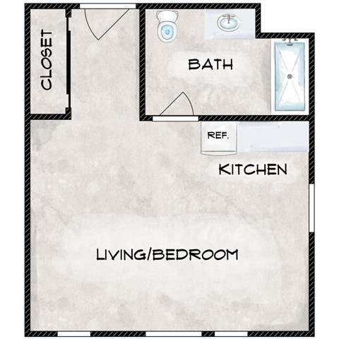 Floor plan for studio, 1 bath, 320 sqft